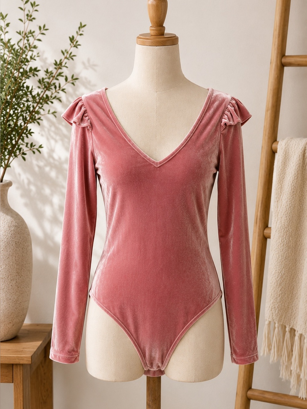 Celebrity Pink Rose Velvet V-Neck Long-Sleeve Bodysuit